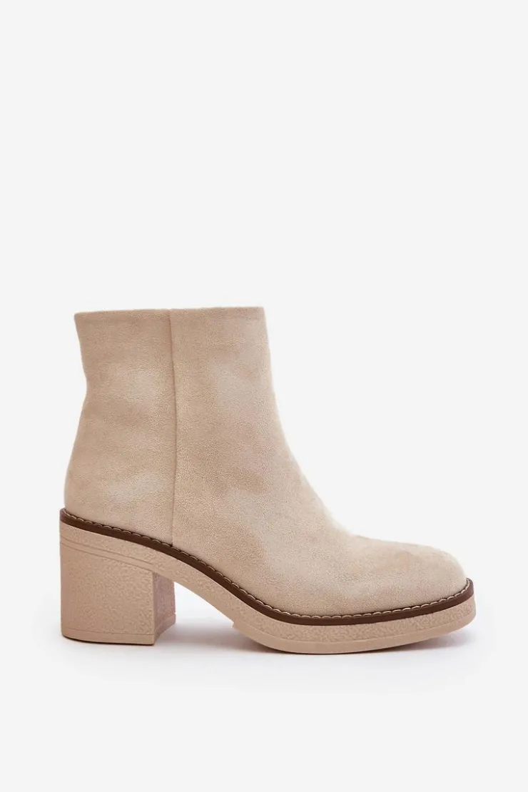 Damskie Boto Botki Na Obcasie Słupku Eko Zamszowe Ocieplane Na Zamek Beżowe Lerallea