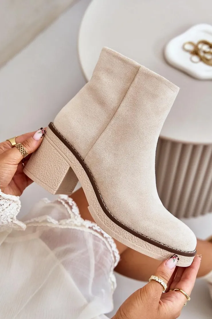 Damskie Boto Botki Na Obcasie Słupku Eko Zamszowe Ocieplane Na Zamek Beżowe Lerallea