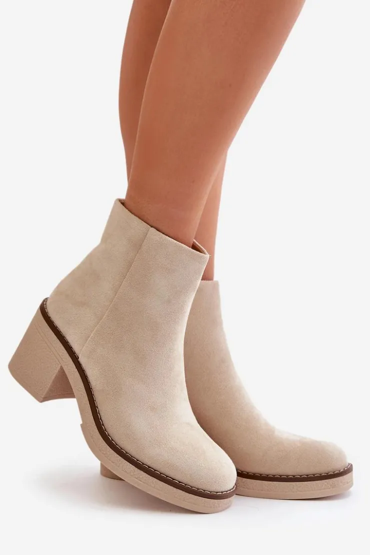 Damskie Boto Botki Na Obcasie Słupku Eko Zamszowe Ocieplane Na Zamek Beżowe Lerallea