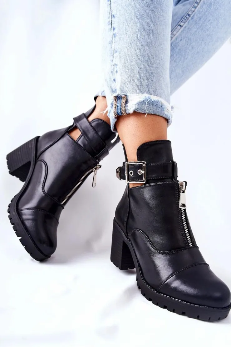 Boto Botki Na Słupku|Czarne Botki*Botki Na Obcasie Z Klamrą Czarne Clive