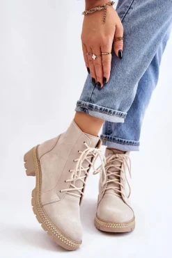 Damskie Boto Botki Na Płaskim Obcasie Lewski Shoes 3285 Jasnobeżowe