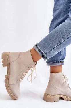 Damskie Boto Botki Na Płaskim Obcasie Lewski Shoes 3285 Jasnobeżowe