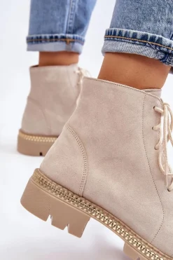 Damskie Boto Botki Na Płaskim Obcasie Lewski Shoes 3285 Jasnobeżowe