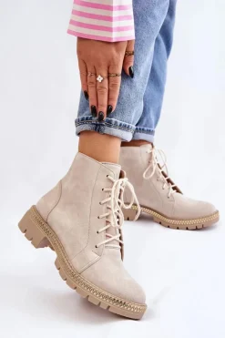 Damskie Boto Botki Na Płaskim Obcasie Lewski Shoes 3285 Jasnobeżowe