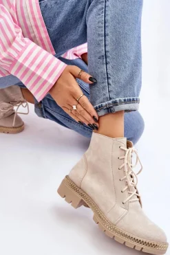 Damskie Boto Botki Na Płaskim Obcasie Lewski Shoes 3285 Jasnobeżowe