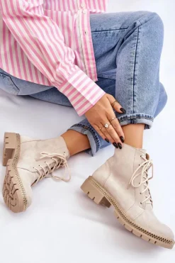 Damskie Boto Botki Na Płaskim Obcasie Lewski Shoes 3285 Jasnobeżowe