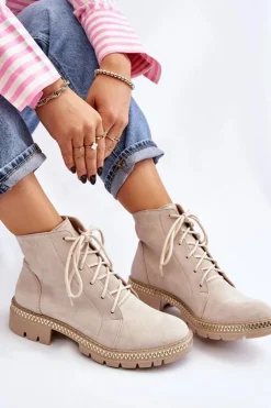 Damskie Boto Botki Na Płaskim Obcasie Lewski Shoes 3285 Jasnobeżowe