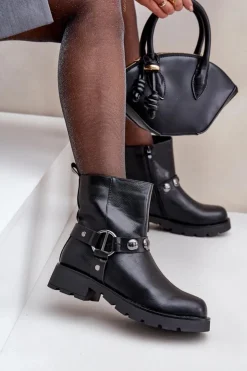 Evento Botki Ocieplane|Czarne Botki*Botki Na Płaskim Obcasie Ocieplane Z Ozdobnymi Paskami Czarne Felilania