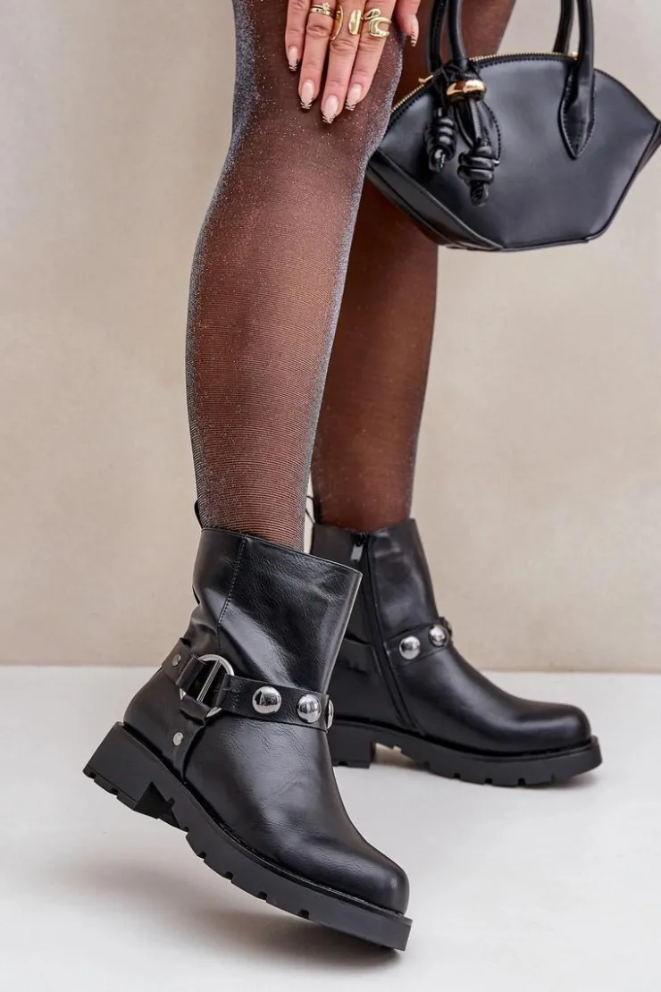 Evento Botki Ocieplane|Czarne Botki*Botki Na Płaskim Obcasie Ocieplane Z Ozdobnymi Paskami Czarne Felilania