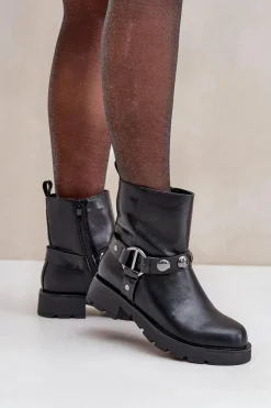 Evento Botki Ocieplane|Czarne Botki*Botki Na Płaskim Obcasie Ocieplane Z Ozdobnymi Paskami Czarne Felilania
