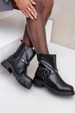 Evento Botki Ocieplane|Czarne Botki*Botki Na Płaskim Obcasie Ocieplane Z Ozdobnymi Paskami Czarne Felilania