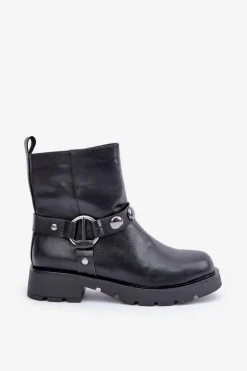 Evento Botki Ocieplane|Czarne Botki*Botki Na Płaskim Obcasie Ocieplane Z Ozdobnymi Paskami Czarne Felilania