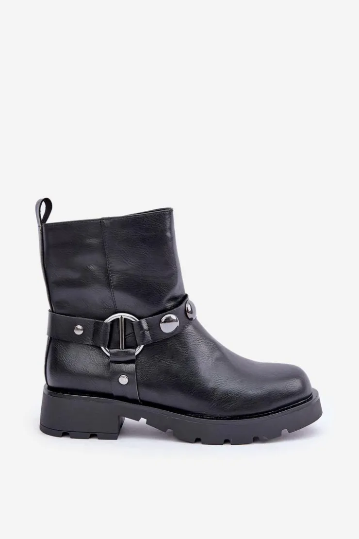 Evento Botki Ocieplane|Czarne Botki*Botki Na Płaskim Obcasie Ocieplane Z Ozdobnymi Paskami Czarne Felilania