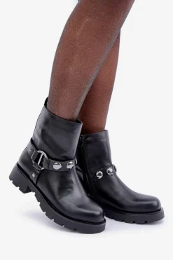 Evento Botki Ocieplane|Czarne Botki*Botki Na Płaskim Obcasie Ocieplane Z Ozdobnymi Paskami Czarne Felilania