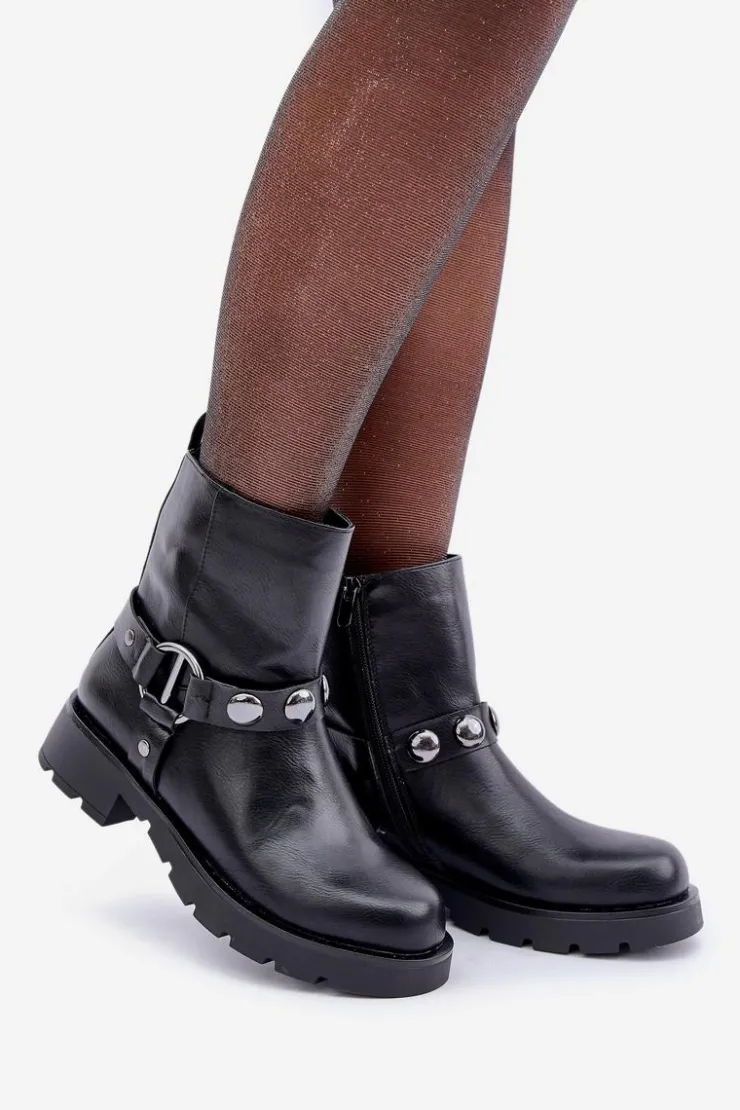 Evento Botki Ocieplane|Czarne Botki*Botki Na Płaskim Obcasie Ocieplane Z Ozdobnymi Paskami Czarne Felilania