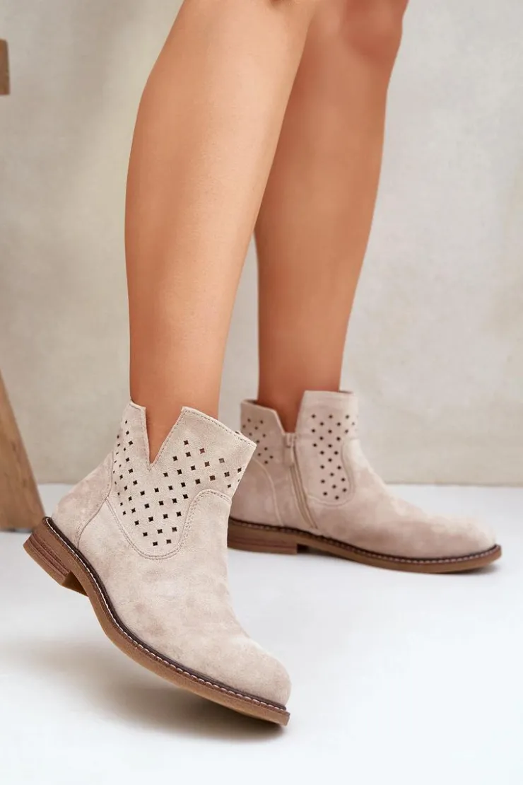 Damskie Boto Botki Na Płaskim Obcasie Z Ażurową Cholewką Jasnobeżowe Elivaya