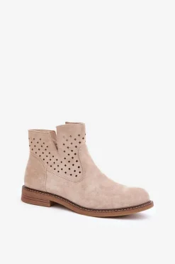 Damskie Boto Botki Na Płaskim Obcasie Z Ażurową Cholewką Jasnobeżowe Elivaya