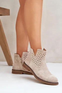 Damskie Boto Botki Na Płaskim Obcasie Z Ażurową Cholewką Jasnobeżowe Elivaya
