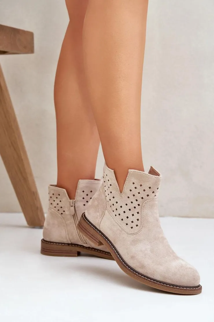 Damskie Boto Botki Na Płaskim Obcasie Z Ażurową Cholewką Jasnobeżowe Elivaya