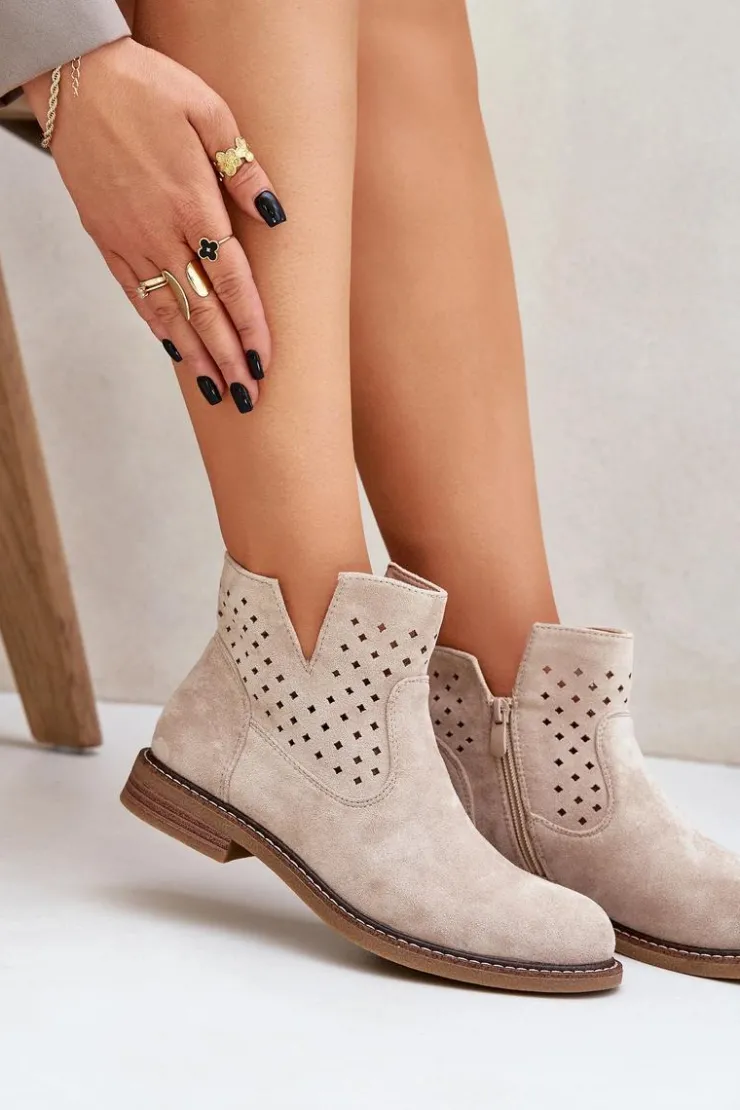 Damskie Boto Botki Na Płaskim Obcasie Z Ażurową Cholewką Jasnobeżowe Elivaya