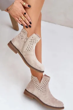 Damskie Boto Botki Na Płaskim Obcasie Z Ażurową Cholewką Jasnobeżowe Elivaya