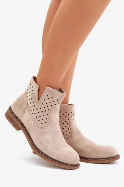 Damskie Boto Botki Na Płaskim Obcasie Z Ażurową Cholewką Jasnobeżowe Elivaya