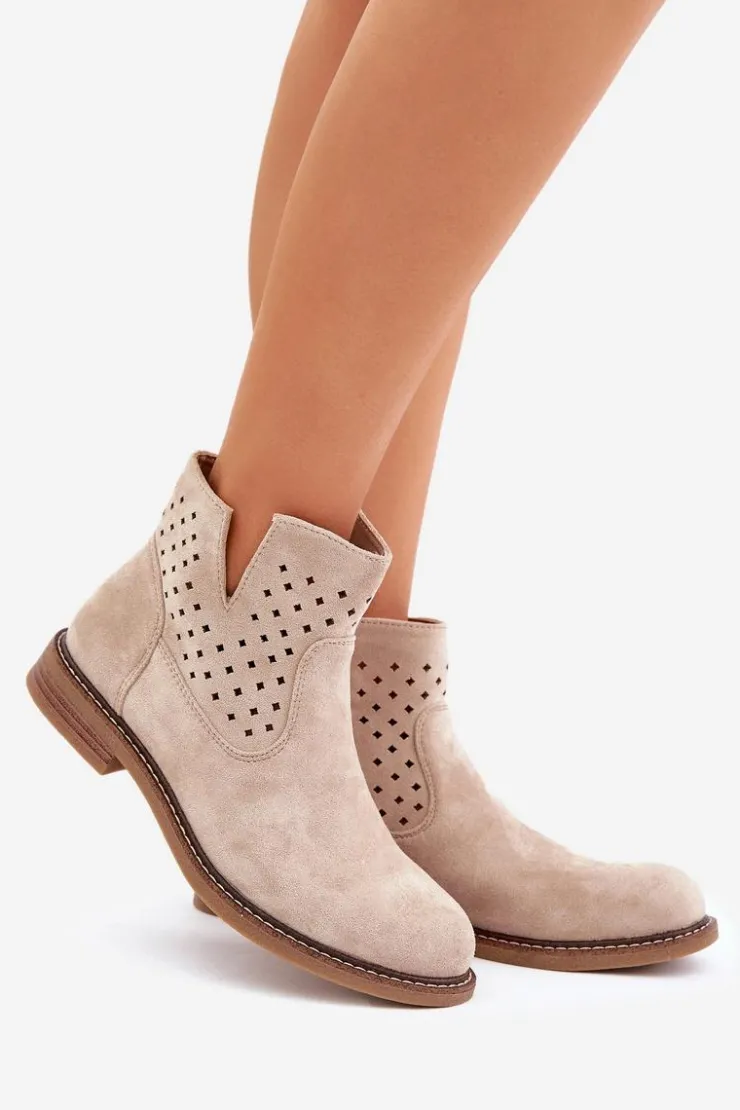 Damskie Boto Botki Na Płaskim Obcasie Z Ażurową Cholewką Jasnobeżowe Elivaya