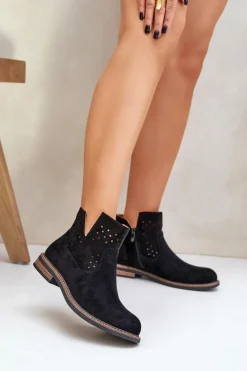 Outlet Boto Botki Na Płaskim Obcasie Z Ażurową Cholewką Czarne Elivaya