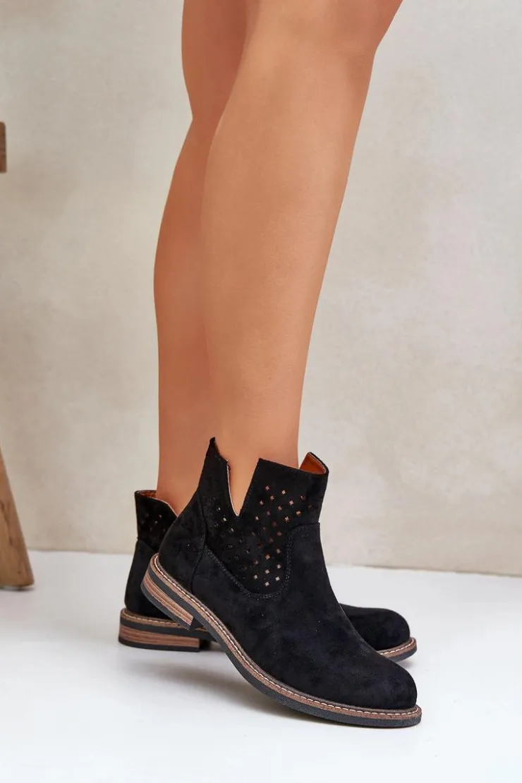 Outlet Boto Botki Na Płaskim Obcasie Z Ażurową Cholewką Czarne Elivaya