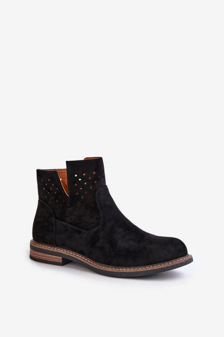 Outlet Boto Botki Na Płaskim Obcasie Z Ażurową Cholewką Czarne Elivaya