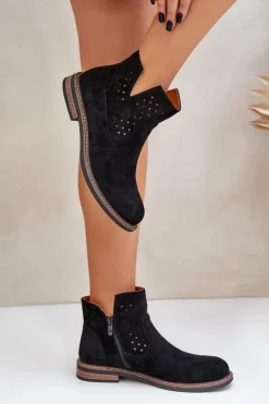 Outlet Boto Botki Na Płaskim Obcasie Z Ażurową Cholewką Czarne Elivaya