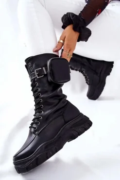 Boto Botki Sznurowane|Czarne Botki*Botki Na Platformie Z Nerką Czarne Issanti