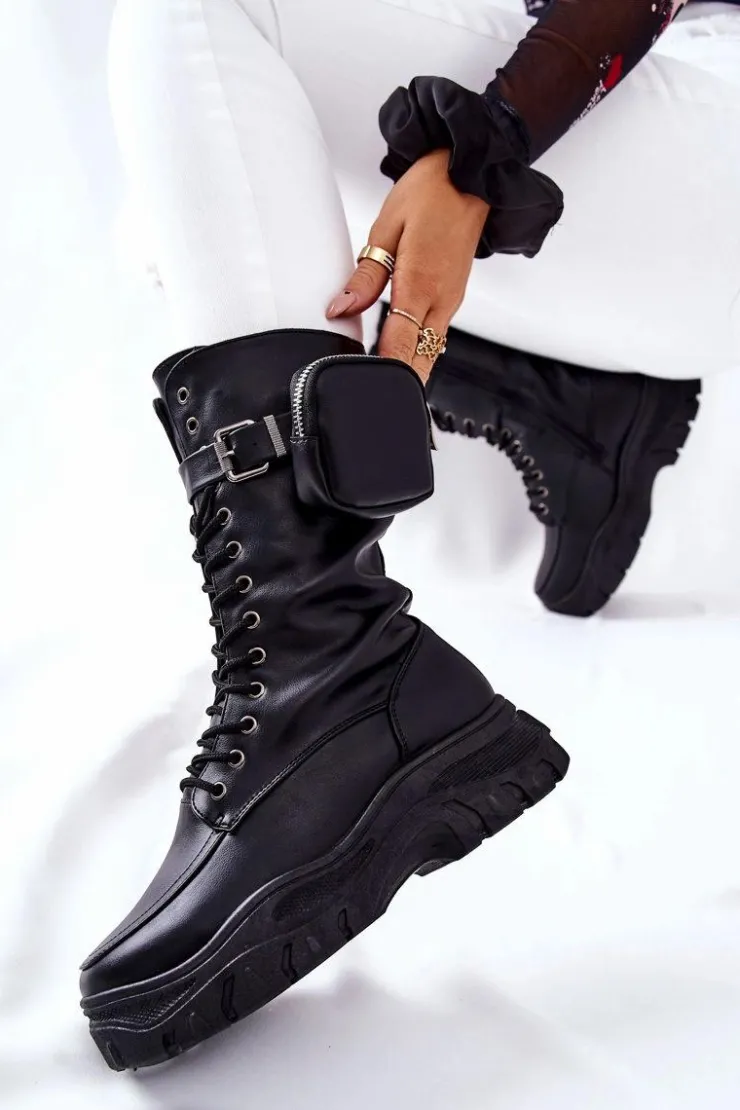 Boto Botki Sznurowane|Czarne Botki*Botki Na Platformie Z Nerką Czarne Issanti