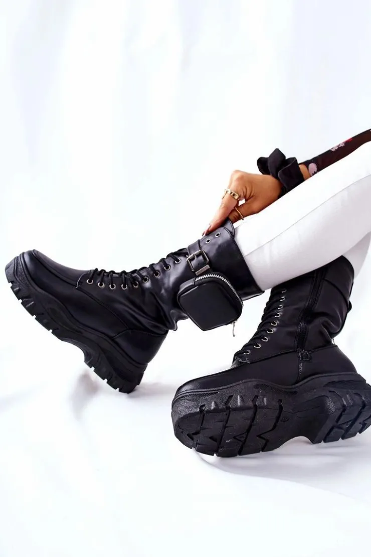 Boto Botki Sznurowane|Czarne Botki*Botki Na Platformie Z Nerką Czarne Issanti