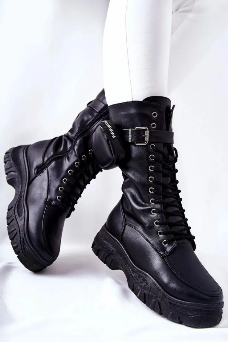 Boto Botki Sznurowane|Czarne Botki*Botki Na Platformie Z Nerką Czarne Issanti