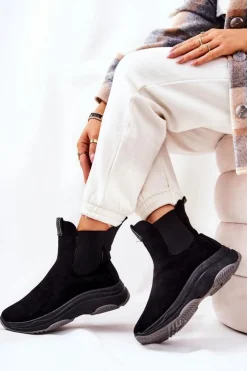 Damskie Boto Botki Na Platformie Zamszowe Czarne Nicci