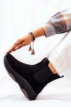 Damskie Boto Botki Na Platformie Zamszowe Czarne Nicci