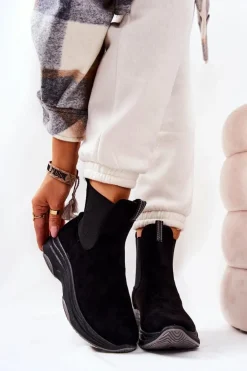 Damskie Boto Botki Na Platformie Zamszowe Czarne Nicci