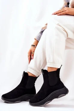 Damskie Boto Botki Na Platformie Zamszowe Czarne Nicci