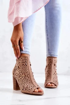 Damskie Boto Botki Na Słupku Ażurowe Beżowe Brittany