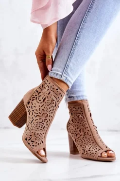 Damskie Boto Botki Na Słupku Ażurowe Beżowe Brittany
