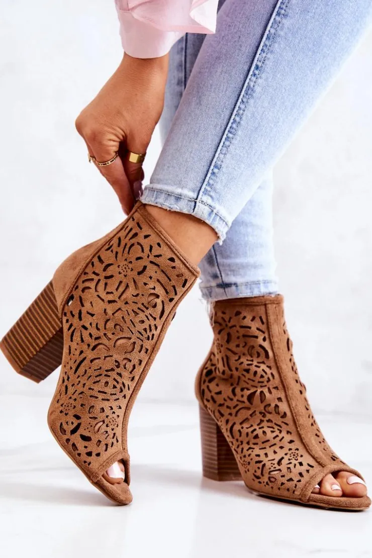 Discount Boto Botki Na Słupku Ażurowe Camel Brittany