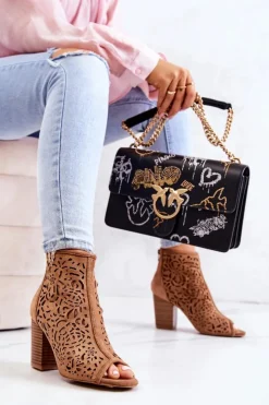 Discount Boto Botki Na Słupku Ażurowe Camel Brittany