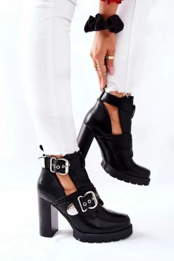 Damskie Boto Botki Na Słupku Czarne Klamra Bramshall