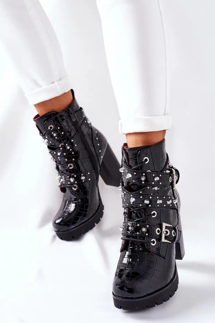 Hot Boto Botki Na Słupku Czarne Lakierowane Krokodyl Wombridge