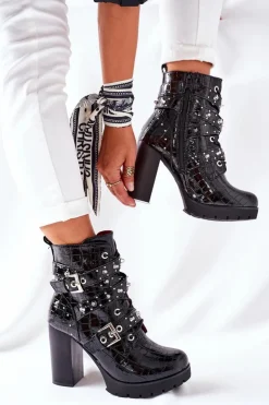 Hot Boto Botki Na Słupku Czarne Lakierowane Krokodyl Wombridge