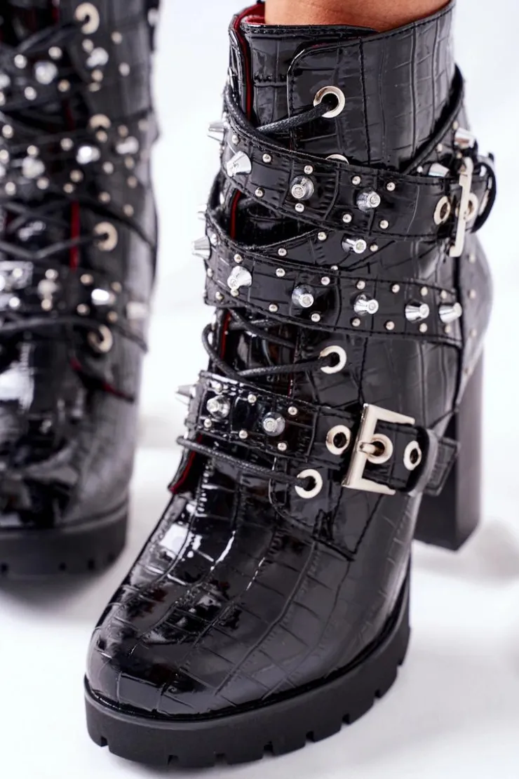 Hot Boto Botki Na Słupku Czarne Lakierowane Krokodyl Wombridge