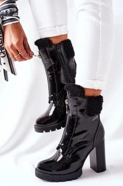 Boto Czarne Botki|Botki Zimowe Damskie*Botki Na Słupku Czarne Lakierowane Arleston