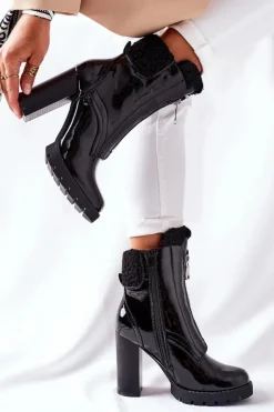 Boto Czarne Botki|Botki Zimowe Damskie*Botki Na Słupku Czarne Lakierowane Arleston