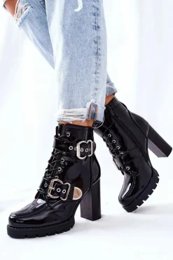 Boto Botki Na Słupku|Czarne Botki*Botki Na Słupku Lakierowane Z Klamrą Czarne Flaris